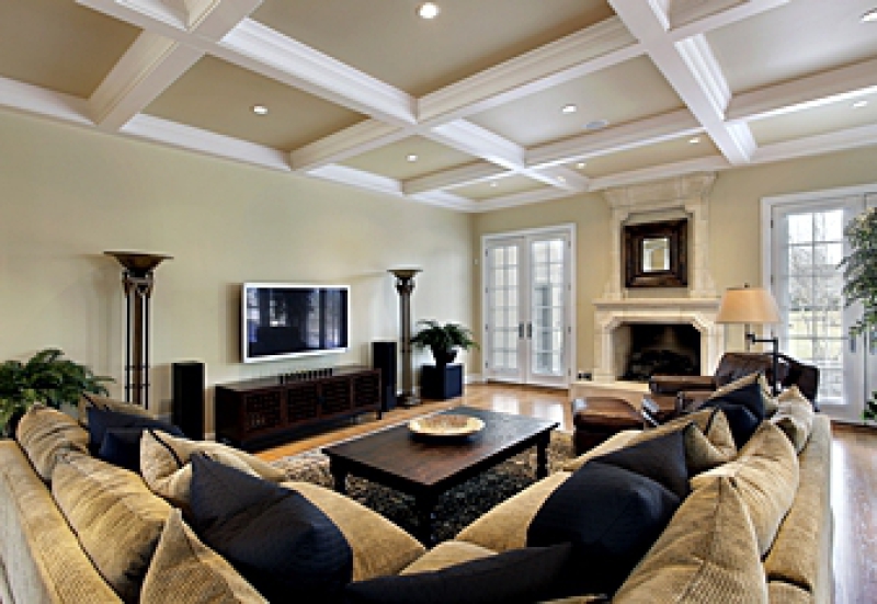 White coffered ceiling in a beautiful living room