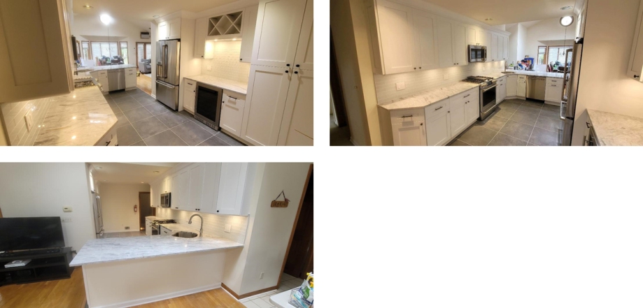 renovated kitchen with white cabinets, tiled backsplash, and light granite countertops