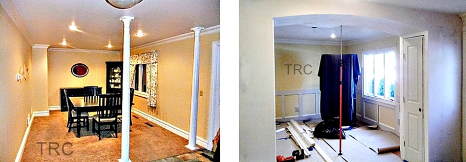 Before photo of a residential dining room and work in progress with closets connected by an arch