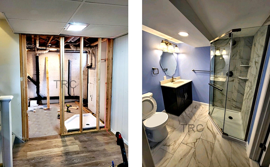 Progress and completed photos of a new basement bathroom