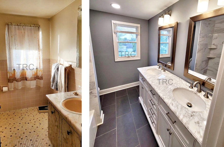 Before and after remodeled bath with new tile, paint and double sink vanity