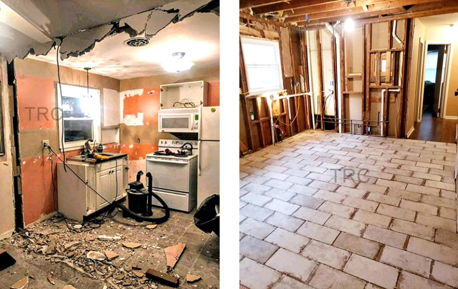 Photos of kitchen demolition and tiled floor