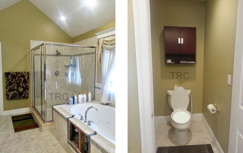 a walk-in shower and nearby jetted platform tub and toilet before renovation