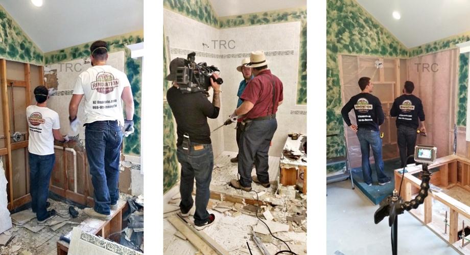 three photos show demolition in progress and TV personalities discussing the work on-camera