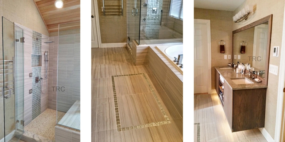 three photos show a tiled walk-in shower, tiled floor with a glass inlay, and a floating vanity with lights underneath floor