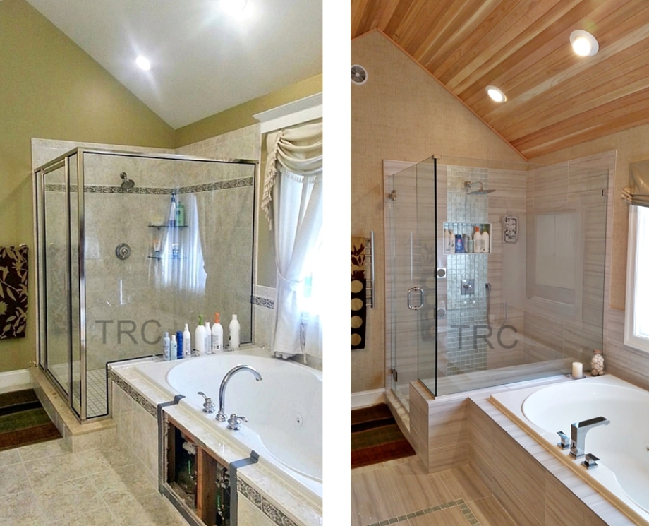 before and after phots of a large master bathroom