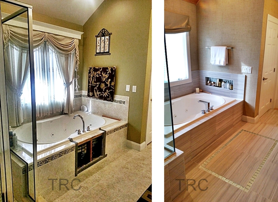 Before and after renovation of jetted platform tub in a master bathroom