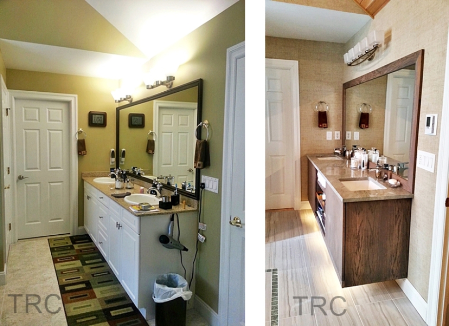 before and after shows the double basin vanity and mirror in a remodeled master bathroom